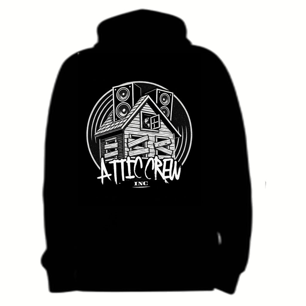 Black hoodie with 'Attic Crew' logo on a white background