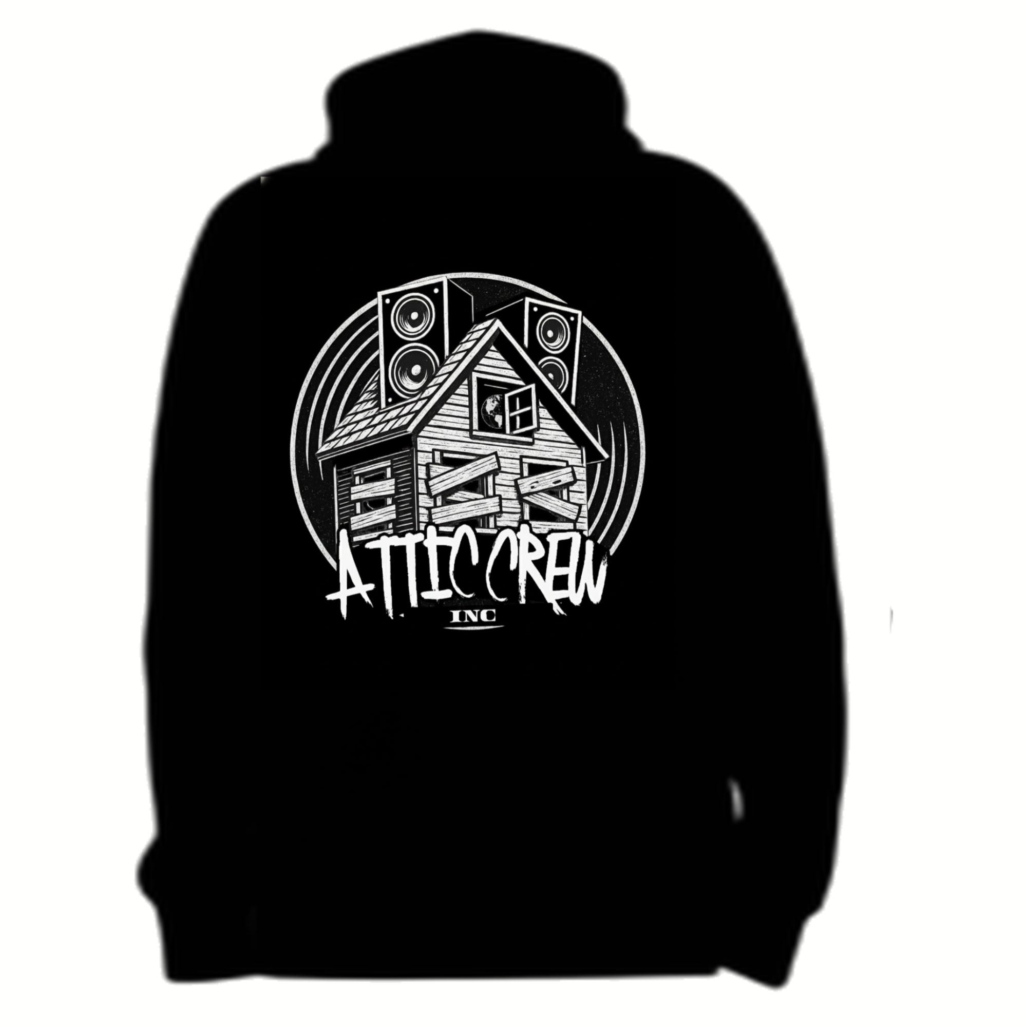 Black hoodie with 'Attic Crew' logo on a white background