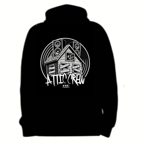 Black hoodie with 'Attic Crew' logo on a white background